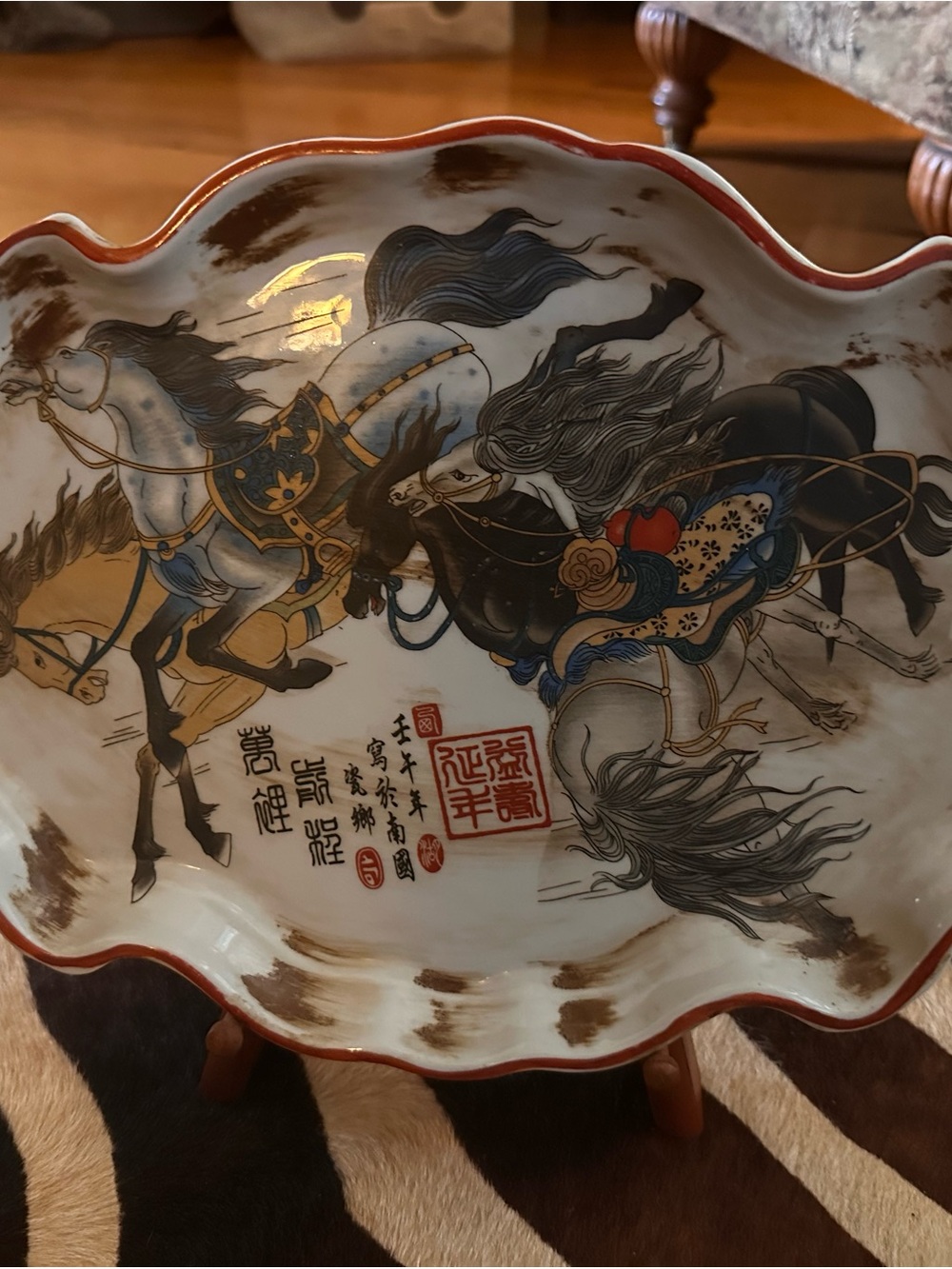 Decorative Porcelain Horse Plate in White and Multicolor
